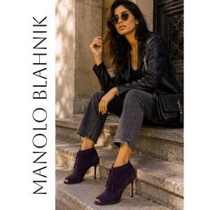 Manolo Blahnik Purple Suede Fringe Peep Toe Stiletto Booties 37.5